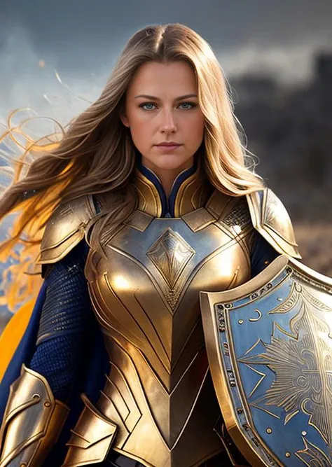 full body head shoulders portrait of MarileeSD15 in blue and gold holy plate armor and a billowing cape on her back, (holding a shield), (determined fierce facial expression), (walking directly toward camera on a battlefield wasteland with smoke and ash in the background), ((action shot, action pose)), (ready for battle), natural skin texture, 24mm, 4k textures, adobe lightroom, photolab, elegant, highly detailed, sharp focus, natural warm even lighting, soothing tones, insane details, intricate details, hyperdetailed, exposure blend, armor has intricate etched silver patterns, (looking directly into camera), eye contact, ((dirty face and dirty scuffed armor)), (scar on cheek), ((striding confidently directly toward viewer))
