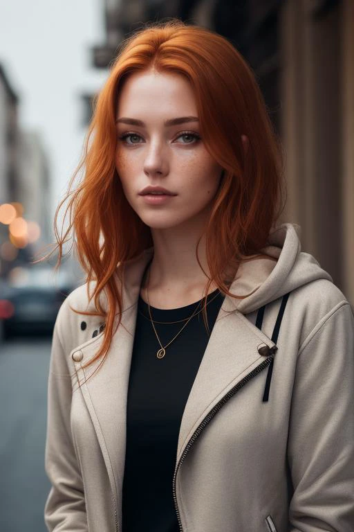 a photo of a seductive woman with  loose styled redhead hair, bored, she is wearing a hoodie and black leather jacket, mascara, (textured skin, skin pores:1.1), (moles:0.8), imperfect skin, goosebumps, flawless face, (light freckles:0.9), (sun-kissed:1.1), ((photorealistic):1.1), (raw, 8k:1.3), <lora:to8contrast-1-5:0.4>