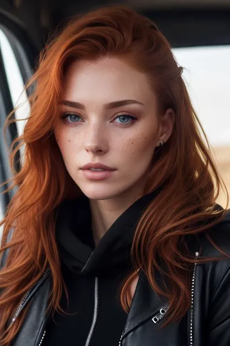 a photo of a seductive woman with loose styled (redhead hair:1.1), bored, she is wearing a hoodie and black leather jacket and leggings, mascara, (textured skin, skin pores:1.1), (moles:0.8), imperfect skin, goosebumps, flawless face, (light freckles:0.9), (sun-kissed:1.1), ((photorealistic):1.1), (raw, 8k:1.3), <lora:to8contrast-1-5:0.4>