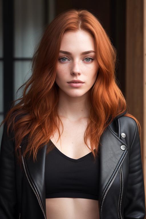 A woman with red hair and a black top is posing for a picture - SeaArt AI