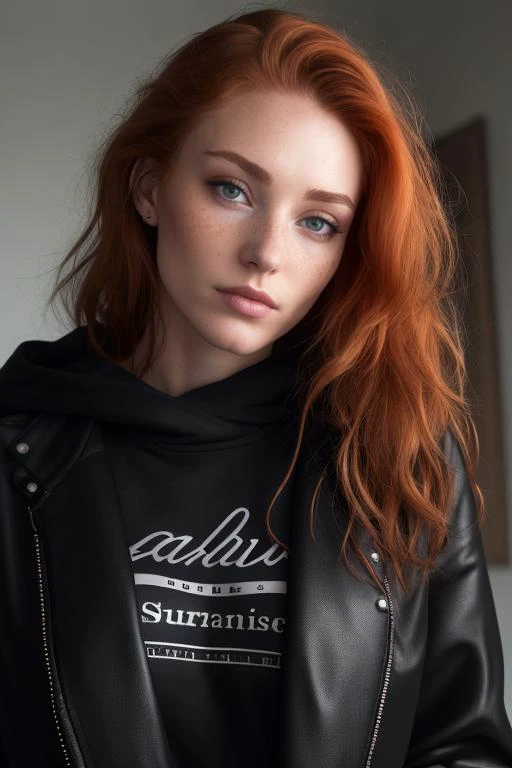 a photo of a seductive woman with loose styled (redhead hair:1.1), bored, she is wearing a hoodie and black leather jacket and leggings, mascara, (textured skin, skin pores:1.1), (moles:0.8), imperfect skin, goosebumps, flawless face, (light freckles:0.9), ((photorealistic):1.1), (raw, 8k:1.3), <lora:to8contrast-1-5:0.4>