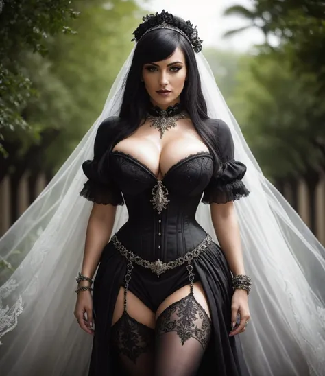 (full body shot), (rule of threes), (ultra-hyper-photorealistic:1.4), (sharp focus), (crystal clear), intricate, ornate, insane detail, fine detailed fabrics, equal eyes, outdoors, dynamic action pose, (solo focus:1.2), intricate, ornate, NSFW dynamic pose, embellish3, (insanely detailed, beautiful detailed face, masterpiece, best quality), A goth bride, huge breasts, ornate wedding dress with corset, gothic cathedral, (solo focus:1.2)