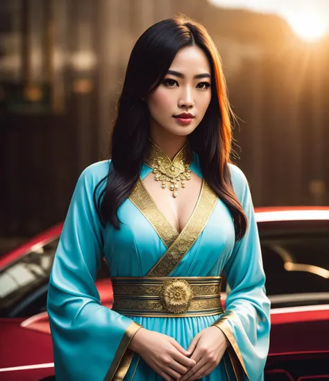 a professional studio upper-torso portrait photo of a seductive slim thai racing girl posing at (bangkok international motor show), wearing intricate latex (ancient hanfu dress:1.2), flowy long wide sleeve, large breasts, topless, moody portrait, striking features, beauty, intricate details, dramatic composition, tension, wispy hair, contrast, sweaty shiny skin, texture, realism, high-quality rendering, stunning art, high quality, film grain, Fujifilm XT3, detailed skin, volumetric fog