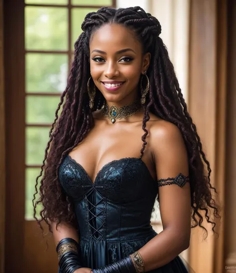 masterpiece lewd posing of a beautiful blushing Gothic princess (girl:1.2), Smiling, Senegalese twists hairstyle, Interior Design, by Daniel F Gerhartz and eytan zana, Natural lighting, sparkling eyes, detailed, vivid, Hyper minimalist, (shallow depth of field, bokeh:0.4)