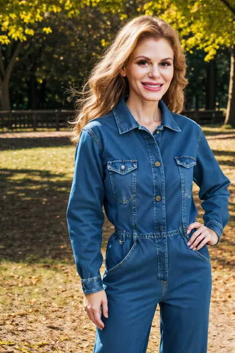 b1mb0 woman, standing portrait, blue denim jumpsuit, long sleeves, smile, outside in a park, beautiful background, photo, professional photograph, high quality, 4k, hdr
<lora:casca_akashova:1.2>