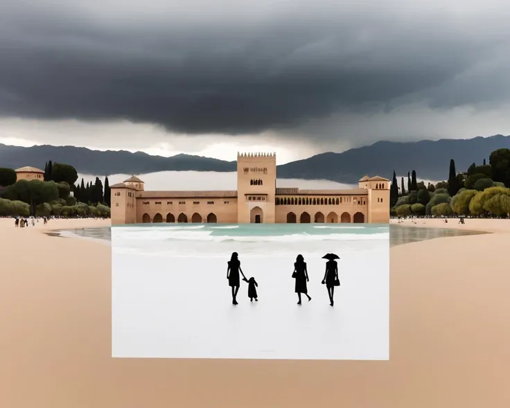 Flat papercut style <lora:FF.105.duchaitenAiartSDXL_v20.LyCORIS:1>, (installation art stylized by Michelangelo Pistoletto:0.7) , awardwinning, crowded beach, Rule of Thirds, masterpiece, landscape of a Magnificent (Alhambra:1.3) , Stormy weather, Fine art, Joyful, Altermodern, spotlight, Depth of field 270mm, Kodak Ektar . Silhouette, clean cuts, paper, sharp edges, minimalist, color block