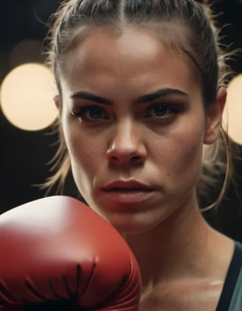 cinematic film still <lora:FF.101.juggernautXL_version6Rundiffusion.LyCORIS:1.5> photograph close up portrait of Female boxer training, serious, stoic cinematic 4k epic detailed 4k epic detailed photograph shot on kodak detailed bokeh cinematic hbo dark moody . shallow depth of field, vignette, highly detailed, high budget, bokeh, cinemascope, moody, epic, gorgeous, film grain, grainy