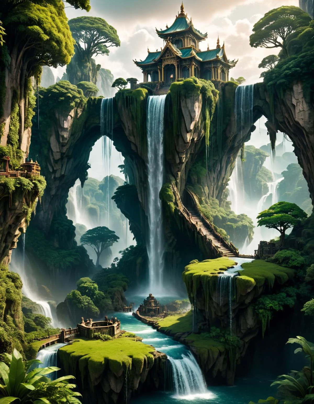 cinematic photo <lora:FF.102.colossusProjectXLSFW_49bExperimental.LyCORIS:1> cinematic film still ((flying islands in the sky)), epic fantasy overgrown temple scene, waterfalls, , steampunk . shallow depth of field, vignette, highly detailed, high budget, bokeh, cinemascope, moody, epic, gorgeous, film grain, grainy, undefined . 35mm photograph, film, bokeh, professional, 4k, highly detailed