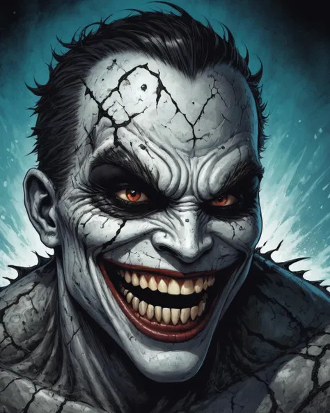 comic <lora:FF.114starlightXLAnimated_v3.LyCORIS:1> monster, horror, grotesque, cracked_mud_skin, white_skin, black_eyes, freakish_smile . graphic illustration, comic art, graphic novel art, vibrant, highly detailed