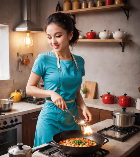 Advertising poster style <lora:FF.112xxmix9realisticsdxl_v10.LyCORIS:1> xxmixgirl, 8k Photograph, small beautiful woman, she is Cooking, Dancing, Cosy, HDR, Lomography Color 100, Depth of field 100mm . Professional, modern, product-focused, commercial, eye-catching, highly detailed