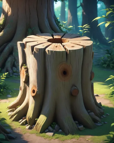 anime artwork <lora:FF.113wowXL_v10.LyCORIS:1.9>, octane render, Cozy (Tree stump:1.1) , it is detailed with dark white details, Sunny, soft focus, Yume Kawaii, 80mm, creative art . anime style, key visual, vibrant, studio anime, highly detailed