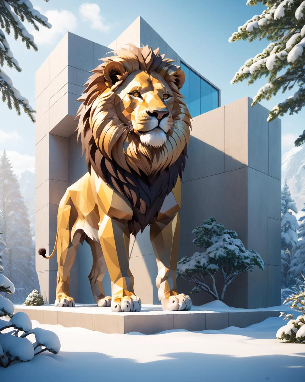 Architectural style scene art designed by Jeff Smith and Anato Finnstark, vegetation, Nasty (Lion:1.3) with Superficial suit, Golden ratio, winter background, Amusing, short lighting, Depth of field 100mm, <lora:FF.110bluePencilXL_v080.LyCORIS:1.95> . Clean lines, geometric shapes, minimalist, modern, architectural drawing, highly detailed