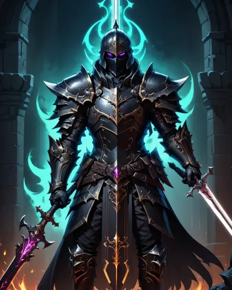 anime artwork <lora:FF.114starlightXLAnimated_v3.LyCORIS:1> evil death knight,\nfully armored,\nholding glowing black sword,\nperfect anatomy,\nShoulder Portrait,\ndungeon background,\nmasterpiece,\nbest quality,\ndarkest dungeon,\nshadowverse,\nartgerm,\ngreg ruktowski, . anime style, key visual, vibrant, studio anime,  highly detailed