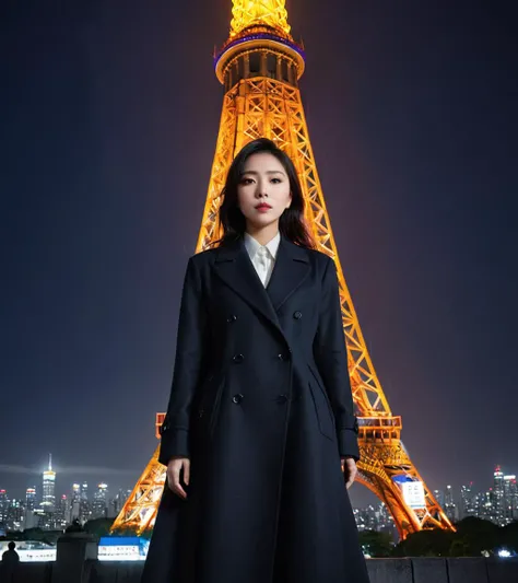 Surrealist art <lora:FF.112xxmix9realisticsdxl_v10.LyCORIS:1> xxmix, 1 beautiful woman, long coat tokyo tower, (Sui Ishida), dramatic lighting (masterpiece, best quality) . Dreamlike, mysterious, provocative, symbolic, intricate, detailed