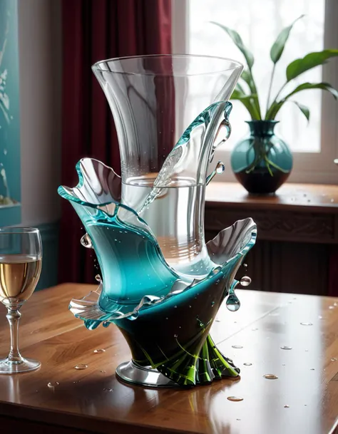 Collage style (Digital Artwork:1.3) of (Ultrarealistic:1.3) <lora:FF.103.dynavisionXLAllInOneStylized_release0557Bakedvae.LyCORIS:1> a broken glass vase sitting on top of a table, liquid sculpture, surreal glass goblets, realistic glass sculpture, vray caustics, water art manipulation, surreal object photography, 3 d fluid simulation render, surreal water art, full of glass. cgsociety, inspired by Chris LaBrooy, rendered in cinema 4 d, rendered in cinema4d <lora:FF.105.duchaitenAiartSDXL_v20.LyCORIS:0.5>,CGSociety,ArtStation . Mixed media, layered, textural, detailed, artistic
