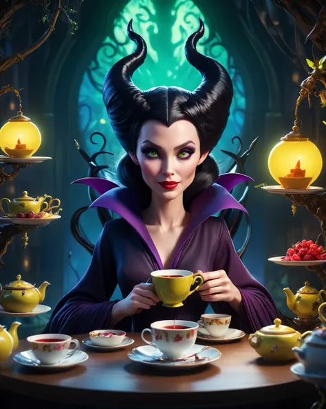 anime artwork <lora:FF.113wowXL_v10.LyCORIS:1.9>, stylized by Mike Campau, octane render, Lowbrow Art, high angle shot of a [Acclaimed:Maximalist:14] (Maleficent:1.2) , she is having a tea party, in awe, her hair is Platinum, Talented Cranberry, Olive and Mustard Robotic Body Parts, Side lighting, two colors, creative art . anime style, key visual, vibrant, studio anime,  highly detailed