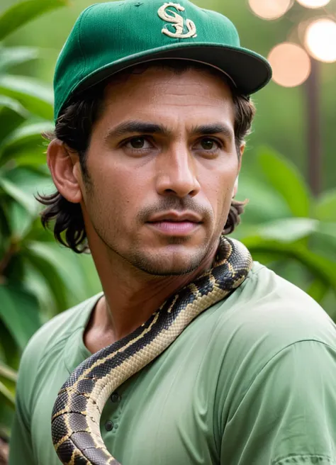 cinematic film still <lora:FF.104.nightvisionXLPhotorealisticPortrait_release0770Bakedvae.LyCORIS:1>, by André Masson and Rufino Tamayo, portrait,close up of a Shabby (Snake Baseball Player:1.3) , wearing [Merino wool:Sisal:10], nature, at Dusk, Vivid, Bimbocore, Ambient lighting, Canon RF, F/14, Crepuscular Rays, Swirling deep green, 64K . shallow depth of field, vignette, highly detailed, high budget, bokeh, cinemascope, moody, epic, gorgeous, film grain, grainy