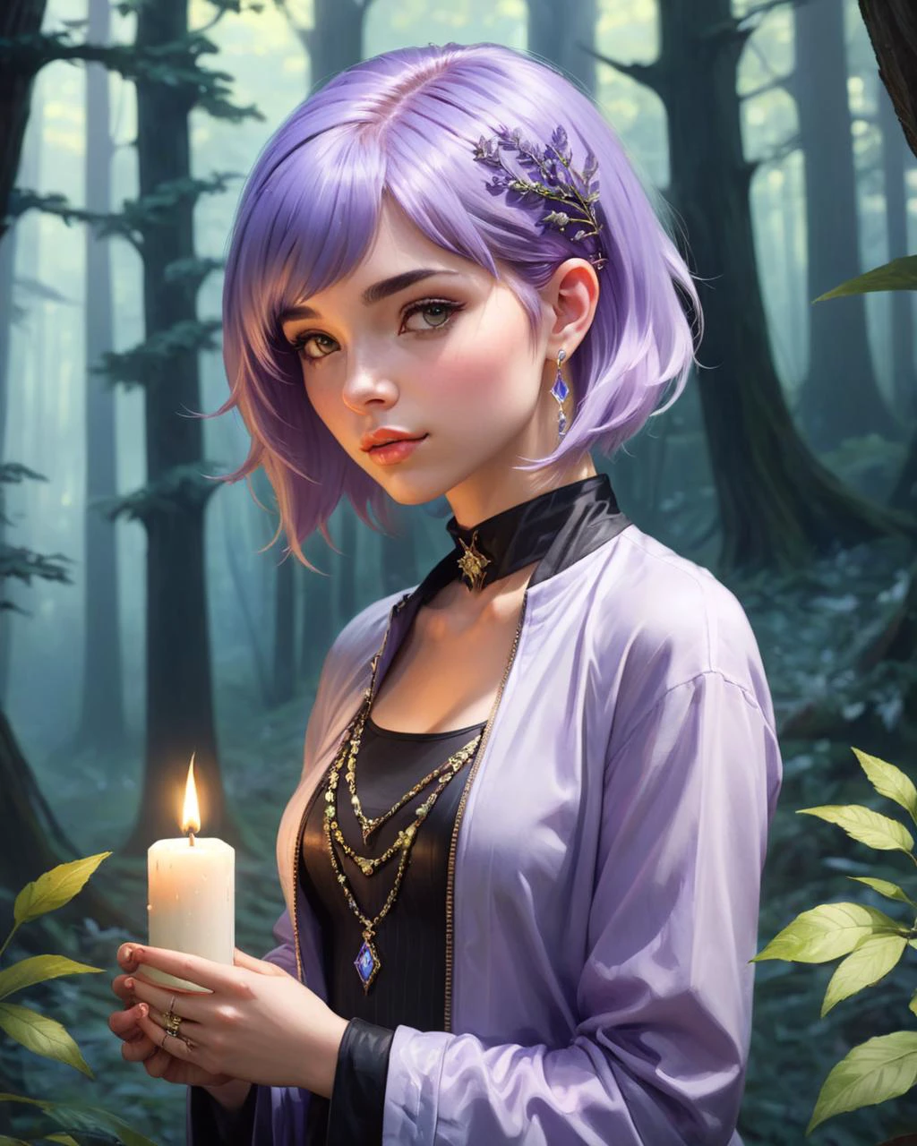 concept art digital art, Seductive (Female Jeweler:1.3) , the Jeweler has Lavender, Lilac and Periwinkle hair styled as Side-swept bangs, inside a Deciduous Forest, desolate indoors, Astropunk, Candle light, <lora:FF.110bluePencilXL_v080.LyCORIS:1.95> . digital artwork, illustrative, painterly, matte painting, highly detailed