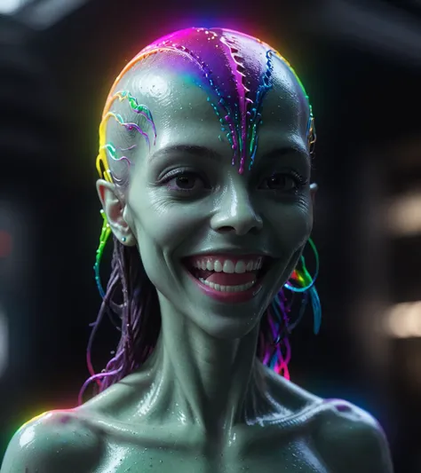 cinematic film still <lora:FF.101.juggernautXL_version6Rundiffusion.LyCORIS:1> impossibly beautiful portrait of alien shapeshifter entity, insane smile, intricate complexity, surreal horror, inverted neon rainbow drip paint, trending on art station, photoreal, 8 k, octane render by greg rutkowski . shallow depth of field, vignette, highly detailed, high budget, bokeh, cinemascope, moody, epic, gorgeous, film grain, grainy