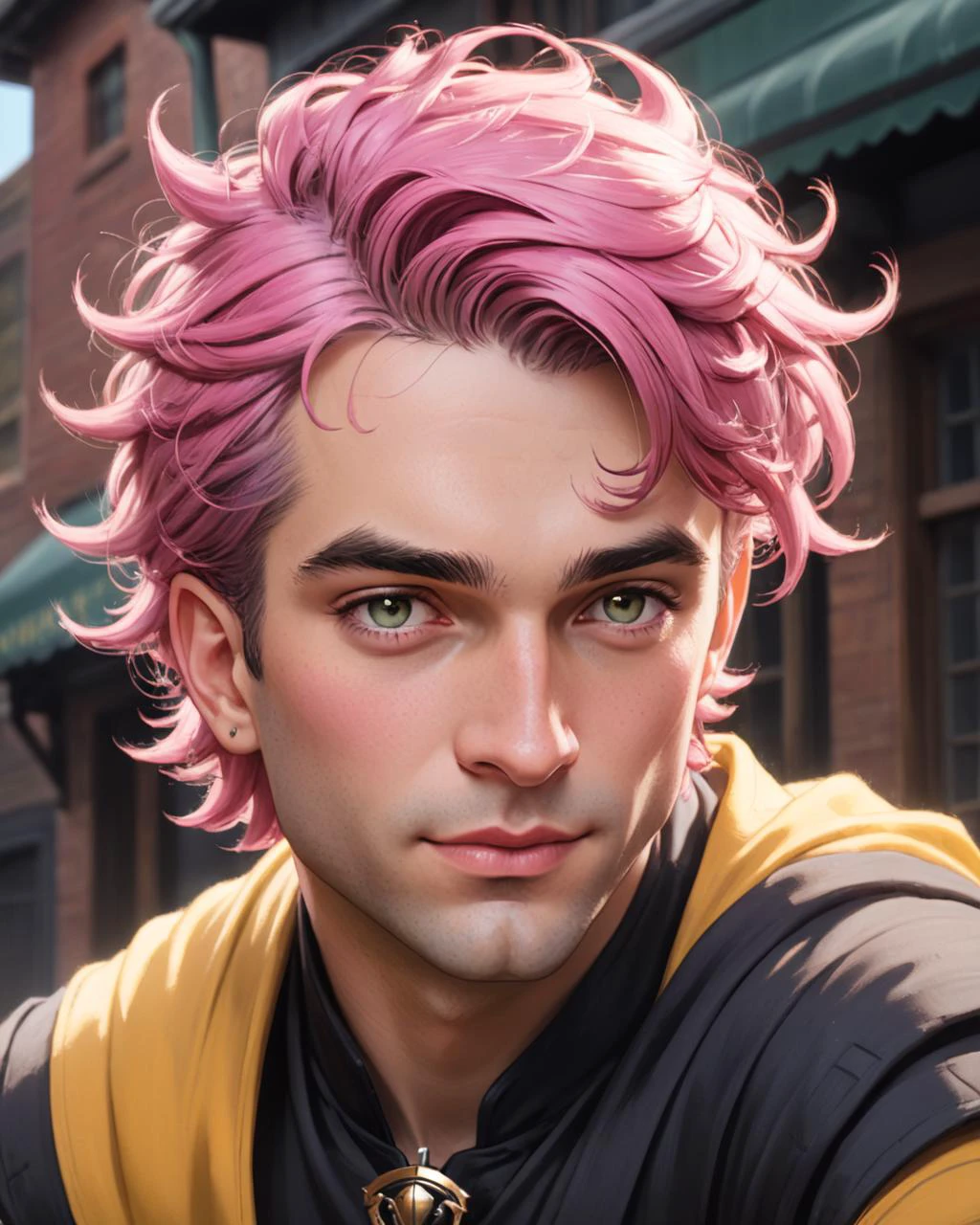 texture (detailed art by Tim Doyle:0.8) , Greedy 1940'S Australian Male Altmer from the Imperial Era, reimagned as a Hufflepuff character Pink hairstyle, Summer, <lora:FF.110bluePencilXL_v080.LyCORIS:1.95> top down close-up