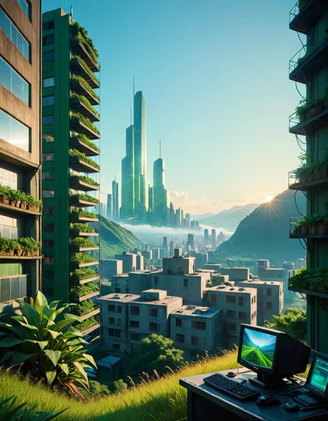 cinematic film still <lora:FF.101.juggernautXL_version6Rundiffusion.LyCORIS:2> a cinematic composition depicting : we're overlooking a cyberpunk civilization in the valley with overgrown buildings, where a solarpunk tribe is peacefully collaborating with their android helpers with their bright green computer screens, octane render, hyperrealistic, at sunrise, by edward hopper jesper ejsing, by rhads, makoto shinkai and lois van baarle, ilya kuvshinov, rossdraws . shallow depth of field, vignette, highly detailed, high budget, bokeh, cinemascope, moody, epic, gorgeous, film grain, grainy