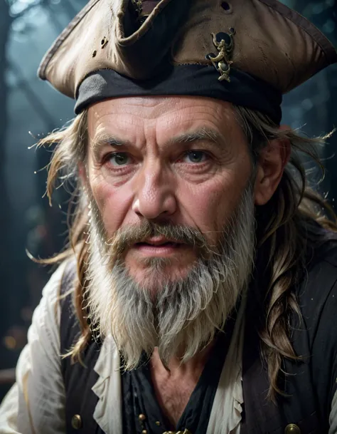 cinematic film still <lora:FF.102.colossusProjectXLSFW_49bExperimental.LyCORIS:1.4> photo of old pirate man, beard, fog, dark atmosphere, night, close up, cinematic shot, hard shadows, Fujifilm XT3, undefined . shallow depth of field, vignette, highly detailed, high budget, bokeh, cinemascope, moody, epic, gorgeous, film grain, grainy