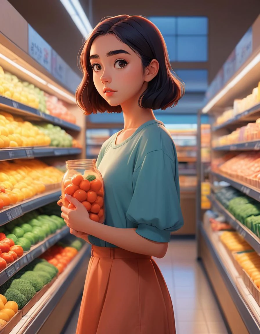 anime artwork <lora:FF.108dynavisionXLAllInOneStylized_release0534bakedvae.LyCORIS:1.88>, stylized by Rupi Kaur and (Danh Võ:1.0) , anime key visual, Bauhaus Art, landscape of a Mundane Classic girl from inside of a Grocery store, at Dusk, Cozy, F/2.8 . anime style, key visual, vibrant, studio anime, highly detailed