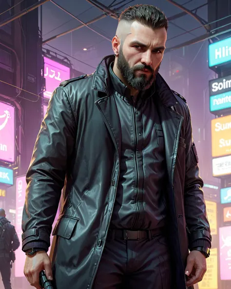 concept art <lora:FF.102.colossusProjectXLSFW_49bExperimental.LyCORIS:2> (line art art), 2D, a old hitman, beard, cyberpunk, cyberpunk outfit, man, colorful, undefined . digital artwork, illustrative, painterly, matte painting, highly detailed