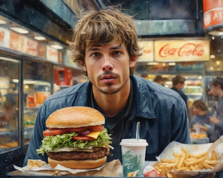 Watercolor painting <lora:FF.104.nightvisionXLPhotorealisticPortrait_release0770Bakedvae.LyCORIS:1.9>, by John Salminen, 60s illustration style of a stocky (Boyfriend:1.1) Fast Food Employee, feeling shocked, in focus, bokeh, Fujifilm XT3, telephoto lens, moody . Vibrant, beautiful, painterly, detailed, textural, artistic
