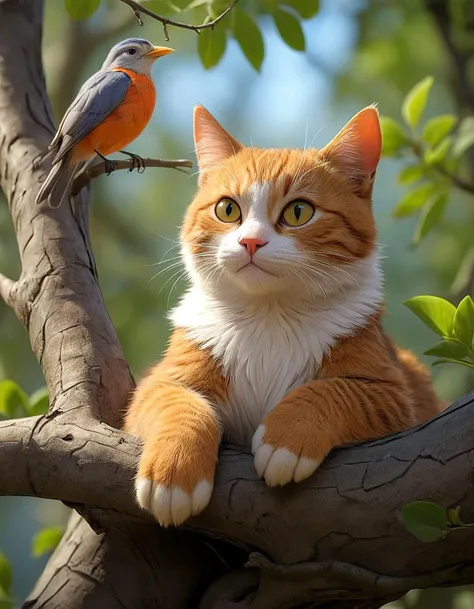 pencil sketch, asymmetrical, cat lying in a tree, (bird:1.3), 8k hdr, high quality,