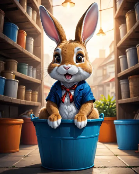 comic <lora:FF.114starlightXLAnimated_v3.LyCORIS:1.9> chibi, 1rabbit sitting on a bucket pondering his happy life, masterpiece, best quality, highly detailed, sharp focus, dynamic lighting, vivid colors, texture detail, particle effects, storytelling elements, narrative flair, 16k, UE5, HDR, subject-background isolation . graphic illustration, comic art, graphic novel art, vibrant, highly detailed