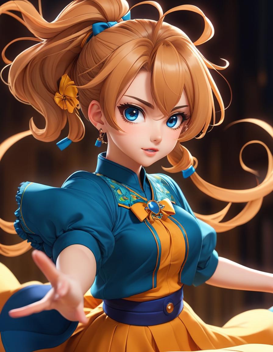 A woman in a blue dress with long blonde hair and blue eyes - SeaArt AI