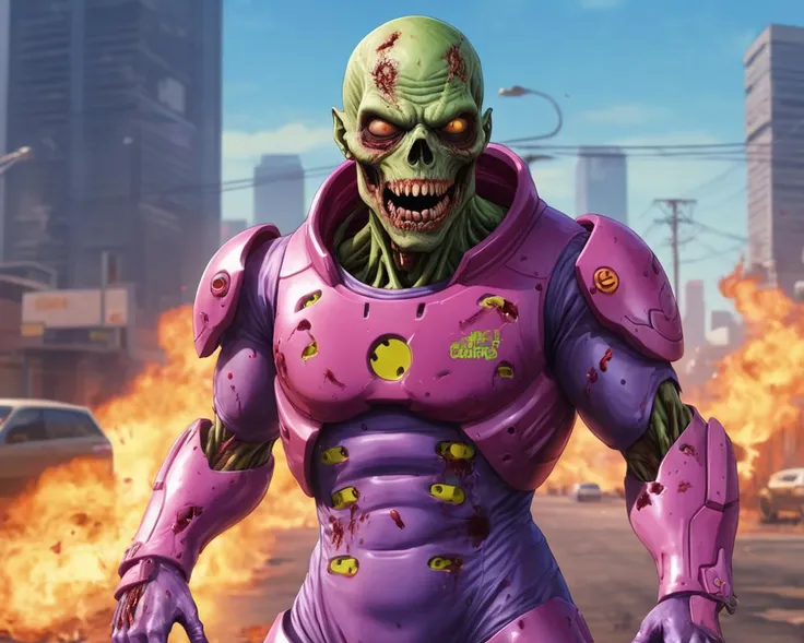 GTA-style artwork <lora:FF.105.duchaitenAiartSDXL_v20.LyCORIS:1>, Hyper realistic painting of a Ghastly Zombie in an EVA plugsuit, hyper detailed, anime, by greg rutkowski, trending on artstation . Satirical, exaggerated, pop art style, vibrant colors, iconic characters, action-packed