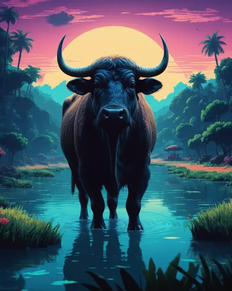 Retro arcade style Concept art, POV shot of a Water buffalo, very Dreamy, detailed, masterpiece, <lora:FF.113wowXL_v10.LyCORIS:1.95> . 8-bit, pixelated, vibrant, classic video game, old school gaming, reminiscent of 80s and 90s arcade games