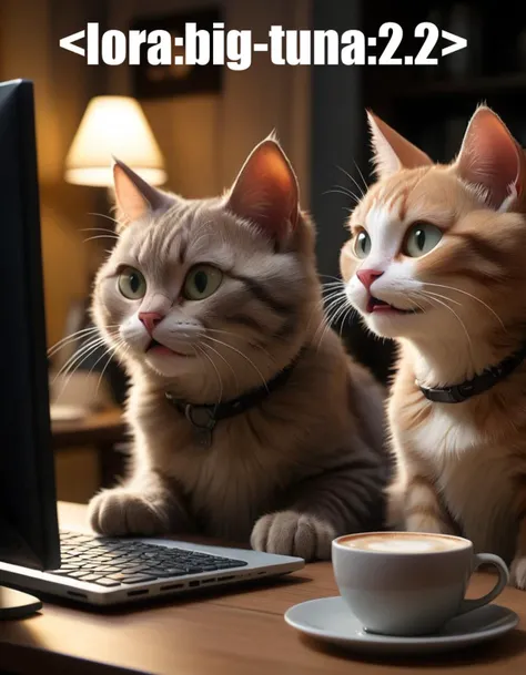 from side, computer screen, two cats sitting looking at computer screen drinking coffees, dark room at night, mouth slightly open,