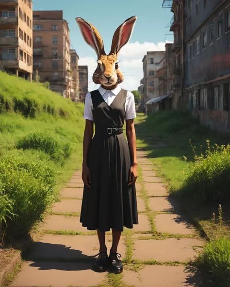 Dystopian style <lora:FF.106.protovisionXLHighFidelity3D_release0630Bakedvae.LyCORIS:1.9>, RAW photo, Mural, Digital art of a surreal, Masculine (Hare of Pride:1.3) , the Hare is dressed in Burundian Midi dress and ankle strap heels, The Midi dress and ankle strap heels is Kawaii, grass in background, Traditional cityscape, equirectangular 360, Visual novel, Voidpunk, Beautifully Lit, dynamic, Nikon d850, F/5, beautiful, (stylized by Marjane Satrapi:1.3) . Bleak, post-apocalyptic, somber, dramatic, highly detailed