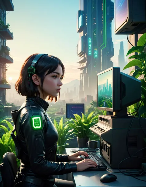 cinematic film still <lora:FF.101.juggernautXL_version6Rundiffusion.LyCORIS:1> a cinematic composition depicting : we're overlooking a cyberpunk civilization in the valley with overgrown buildings, where a solarpunk tribe is peacefully collaborating with their android helpers with their bright green computer screens, octane render, hyperrealistic, at sunrise, by edward hopper jesper ejsing, by rhads, makoto shinkai and lois van baarle, ilya kuvshinov, rossdraws . shallow depth of field, vignette, highly detailed, high budget, bokeh, cinemascope, moody, epic, gorgeous, film grain, grainy