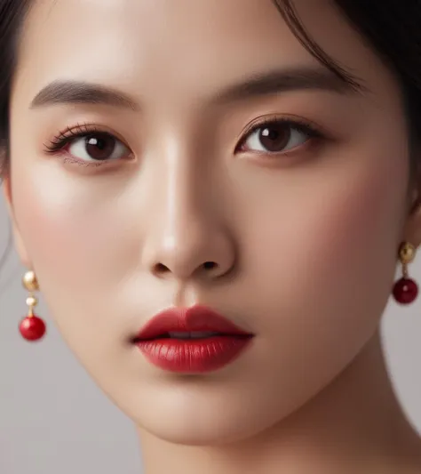 cinematic film still <lora:FF.112xxmix9realisticsdxl_v10.LyCORIS:1> xxmixgirl,a close up of a woman with a red lipstick and earrings, up close shot shinji aramaki, beauty campaign, richly defined face, inspired by Zhang Shuqi, wearing pearl earrings, close - up on face, dewy skin, closeup of the face, products shot, kimi takemura, closeup on face, facial closeup . shallow depth of field, vignette, highly detailed, high budget, bokeh, cinemascope, moody, epic, gorgeous, film grain, grainy