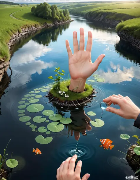 (Drawing:1.3) of (Ultrarealistic:1.3) <lora:FF.103.dynavisionXLAllInOneStylized_release0557Bakedvae.LyCORIS:1> a person's hand reaching for a piece of art, creative photo manipulation, water art manipulation, alexander jansson style, environmental artwork, erik johansson style, photo manipulation, surrealistic digital artwork, inspired by Alexander Jansson, highly conceptual art, inspired by Matthias Jung, exquisite imaginative poster art, inspired by Igor Morski, environmental art, surreal object photography, photo - manipulation <lora:FF.110bluePencilXL_v080.LyCORIS:0.5>