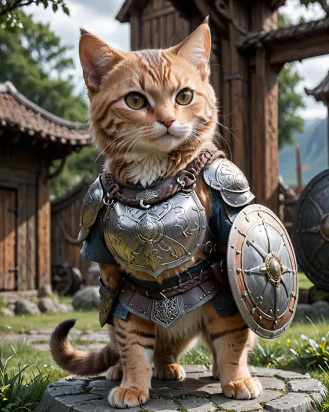 concept art <lora:FF.102.colossusProjectXLSFW_49bExperimental.LyCORIS:2> cinematic film still awardwinning photo cute cat, rust, epic, viking knotwork, wearing armor and shield, full body . shallow depth of field, vignette, highly detailed, high budget, bokeh . shallow depth of field, vignette, highly detailed, high budget, bokeh, cinemascope, moody, epic, gorgeous, film grain, grainy, undefined . digital artwork, illustrative, painterly, matte painting, highly detailed