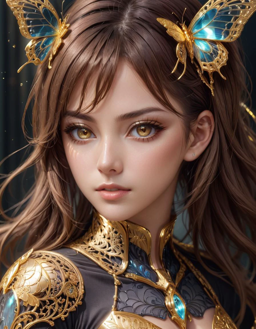anime artwork <lora:FF.109dreamshaperXL10_alpha2Xl10.LyCORIS:1.2> photo, 8k portrait of beautiful cyborg with brown hair, intricate, elegant, highly detailed, majestic, digital photography, art by artgerm and ruan jia and greg rutkowski surreal painting gold butterfly filigree, broken glass, (masterpiece, sidelighting, finely detailed beautiful eyes: 1.2), hdr, realistic, high definition . anime style, key visual, vibrant, studio anime, highly detailed