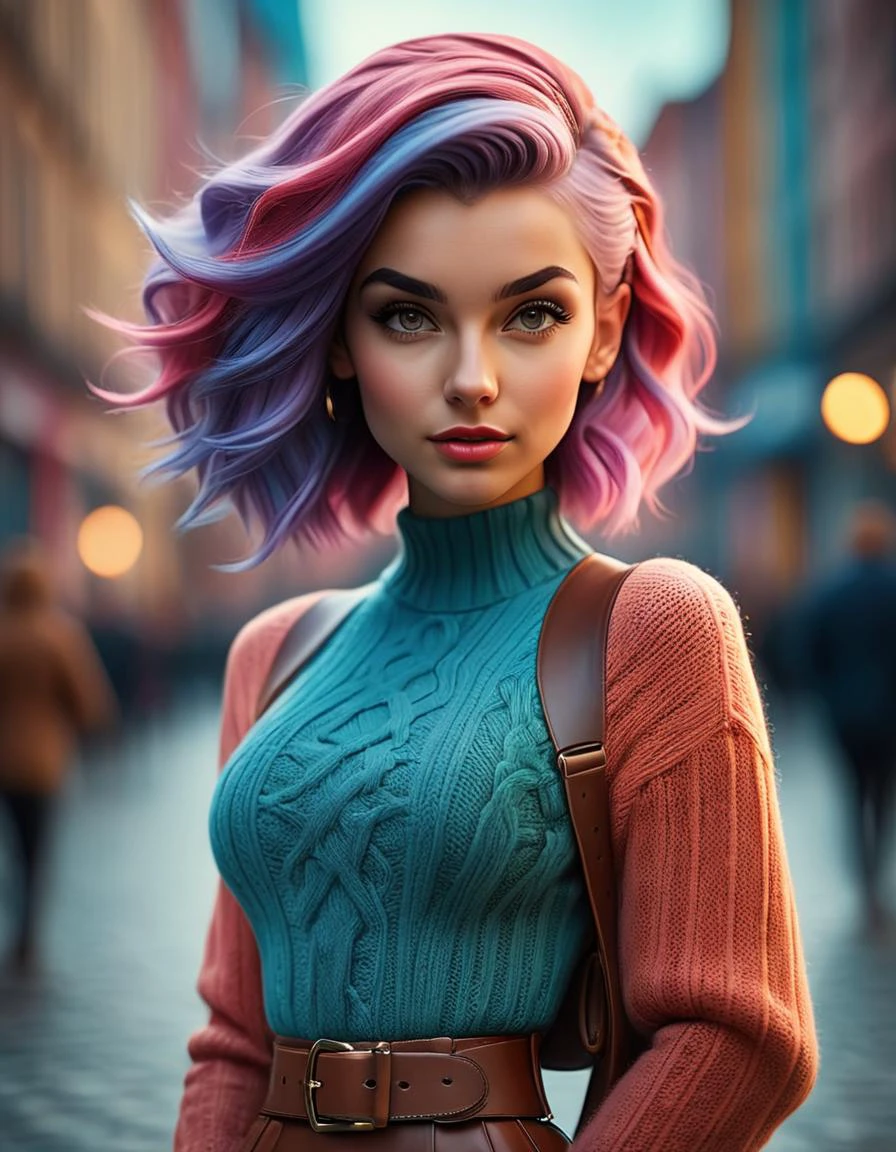 cinematic film still <lora:FF.121samaritan3dCartoon_v40SDXL.LyCORIS:1> cinematic photo 24 yo woman, elegant knitted outfit, colourful hair, medium length hair, intense detailed eyes, wide belt, purse, pantyhose, standing, city, bokeh, (big breasts), (micro waist), .35mm photograph, film, bokeh, professional, 4k, highly detailed, Fujifilm XT3 sharp focus, f 5.6, High Detail, Sharp focus, dramatic, interstellar, film grain, Surrealism colourfull, an explosion of colors, colorful 4k, colorful picture, color explosion, explosive colors, color splash
. shallow depth of field, vignette, highly detailed, high budget, bokeh, cinemascope, moody, epic, gorgeous, film grain, grainy