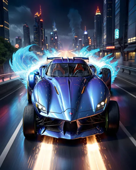concept art <lora:FF.102.colossusProjectXLSFW_49bExperimental.LyCORIS:2> A Photograph of a sleek, futuristic dieselpunk sportscar roaring down a neon-lit, cybernetic highway, its metallic blue body reflecting the vibrant cityscape as it leaves a trail of electrifying blue flames in its wake., undefined . digital artwork, illustrative, painterly, matte painting, highly detailed