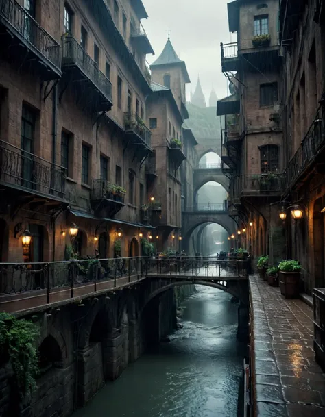 cinematic film still <lora:FF.101.juggernautXL_version6Rundiffusion.LyCORIS:2> ((masterpiece)),((best quality)),((high detial)),((realistic,)) Industrial age city, deep canyons in the middle, architectural streets, bazaars, Bridges, rainy days, steampunk, European architecture . shallow depth of field, vignette, highly detailed, high budget, bokeh, cinemascope, moody, epic, gorgeous, film grain, grainy