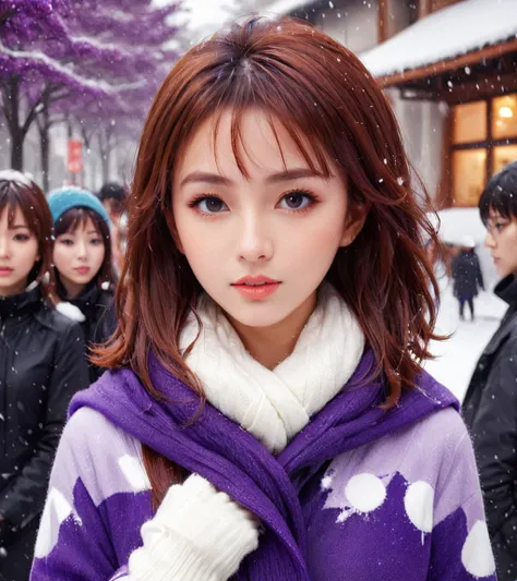 anime artwork <lora:FF.112xxmix9realisticsdxl_v10.LyCORIS:1> xxmixgirl, Color splash, 3D Rendering, Raw digital photo, petite (beautiful woman:1.3) surrounded by a group of people, she has Auburn hair, Snowing, deep focus, art by Ilya Kuvshinov, Lomography Color 100, F/14, geometric patterns, Purple flakes . anime style, key visual, vibrant, studio anime, highly detailed