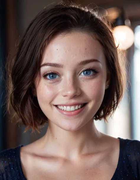 cinematic film still <lora:FF.101.juggernautXL_version6Rundiffusion.LyCORIS:2> beautiful lady, (freckles), big smile, blue eyes, short hair, dark makeup, hyperdetailed photography, soft light, head and shoulders portrait, cover . shallow depth of field, vignette, highly detailed, high budget, bokeh, cinemascope, moody, epic, gorgeous, film grain, grainy