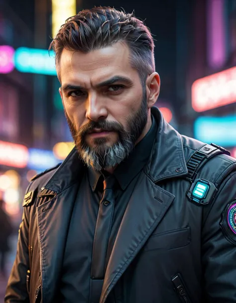 cinematic photo <lora:FF.102.colossusProjectXLSFW_49bExperimental.LyCORIS:1> (line art art), 2D, a old hitman, beard, cyberpunk, cyberpunk outfit, man, colorful, undefined . 35mm photograph, film, bokeh, professional, 4k, highly detailed