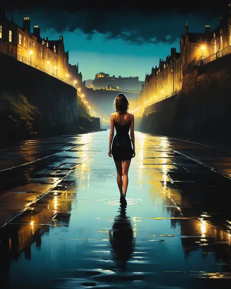 Pop Art style <lora:FF.106.protovisionXLHighFidelity3D_release0630Bakedvae.LyCORIS:1.9>, Concrete of a landscape of a (Edinburgh:1.2) , Extreme and Mysterious, Short water, at Nighttime, designed by Mark Demsteader, short lighting . Bright colors, bold outlines, popular culture themes, ironic or kitsch