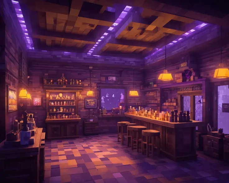 Minecraft style <lora:FF.105.duchaitenAiartSDXL_v20.LyCORIS:1>, Cycles render, landscape of a Pretty Pawn shop from inside of a Bar, Winter, detailed, masterpiece, Kodachrome, dark violet paint splotches, by Mary Anning, (Peter Coulson:0.7) . Blocky, pixelated, vibrant colors, recognizable characters and objects, game assets