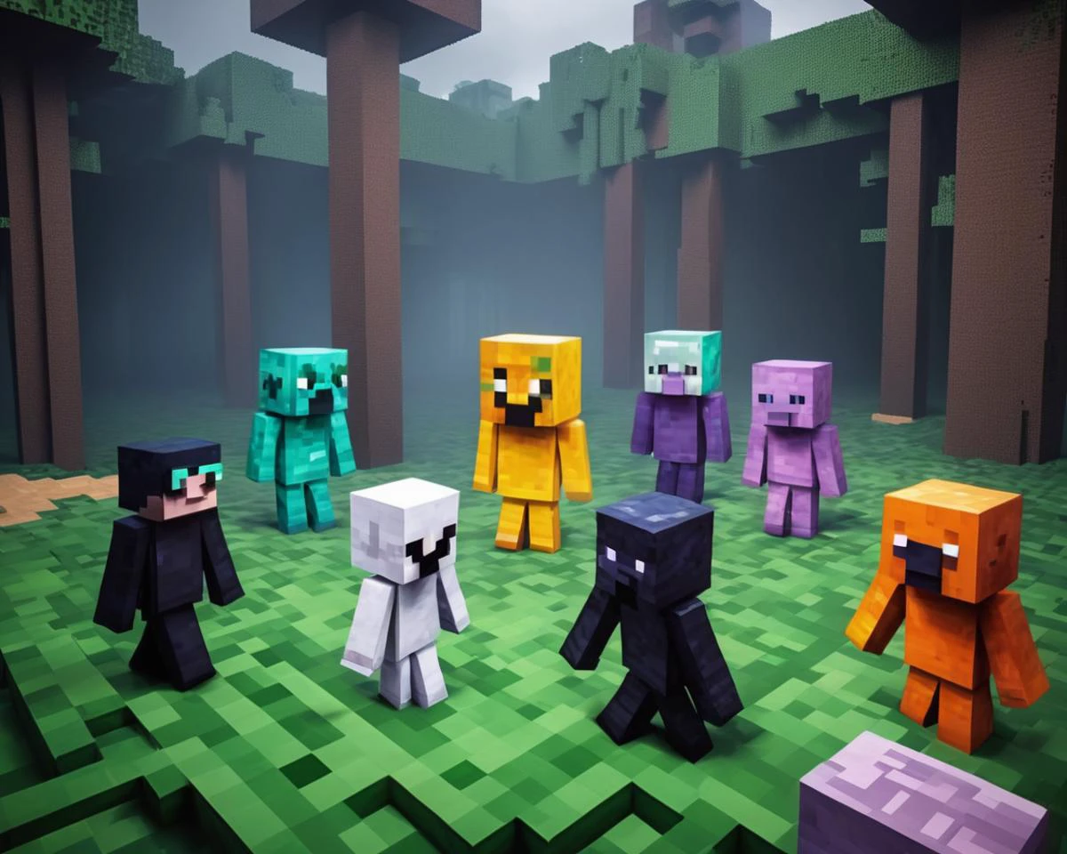 Minecraft style <lora:FF.105.duchaitenAiartSDXL_v20.LyCORIS:1>, installation art by Andy Goldsworthy, Abstract, Far Future [Yak| Cyclops], Foggy, in focus, Vivid, Victorian Gothic Art, hard light, Magic the gathering . Blocky, pixelated, vibrant colors, recognizable characters and objects, game assets